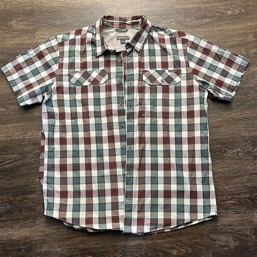 Eddie Bauer Maroon and Gray Plaid Shirt Sz XL Tall